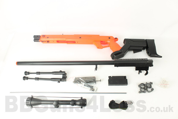Different parts of Well MB04 BB gun Sniper Rifle with Scope & Bipod