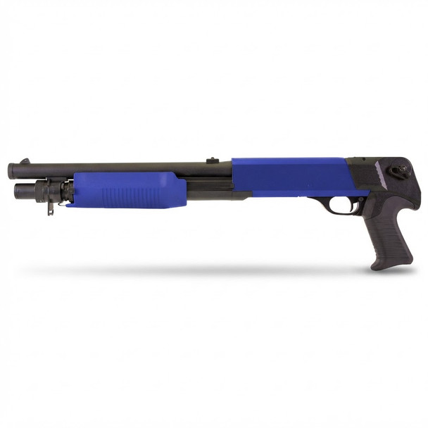 Profile view of the Double Eagle M56B Pump Action Airsoft Shotgun Tri Shot in Blue isolated on white.