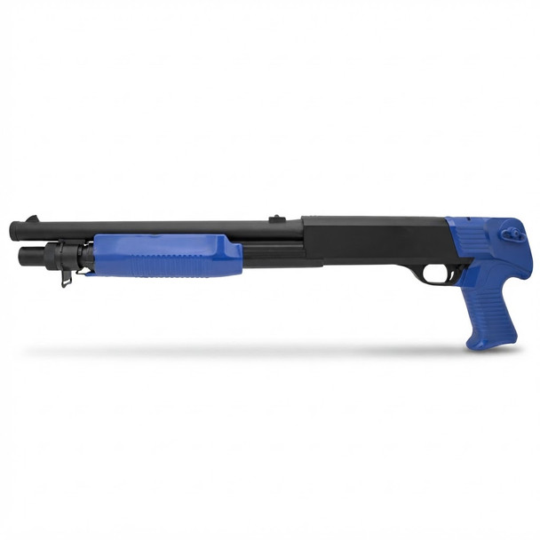 Left side view of the Double Eagle M56B Pump Action Airsoft Shotgun Tri Shot in Blue on a plain background.