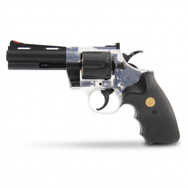 Side profile view of the Blackviper .357 Spring Powered Revolver 4 inch showing its clear frame and black accents.