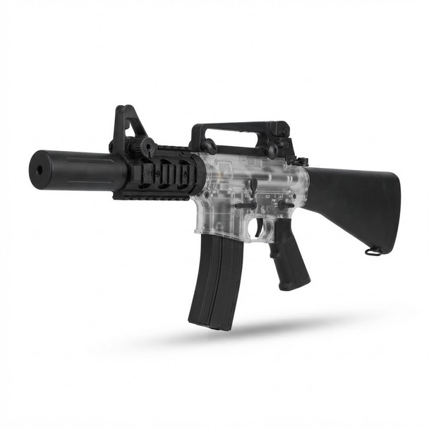 Left side view of the Blackviper B4812 M4 Fully Auto Airsoft Rifle in Clear featuring a black magazine.