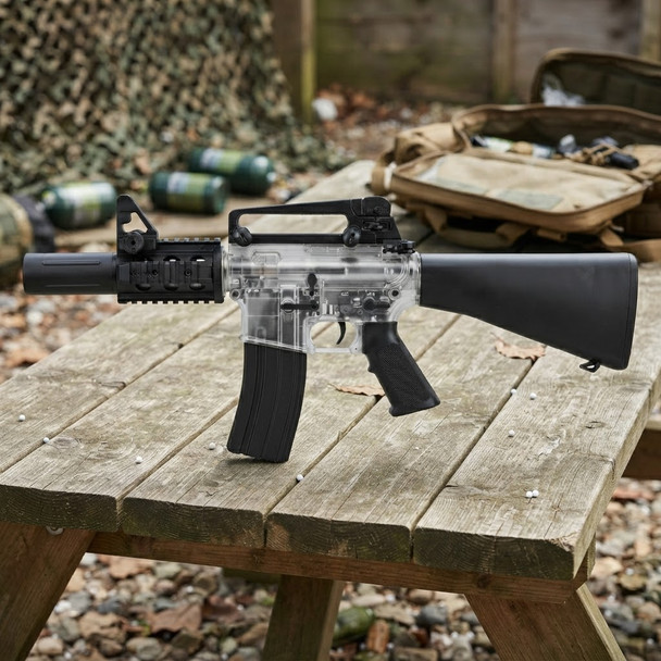 Blackviper B4812 M4 Fully Auto Airsoft Rifle in Clear, side view on an outdoor wooden table