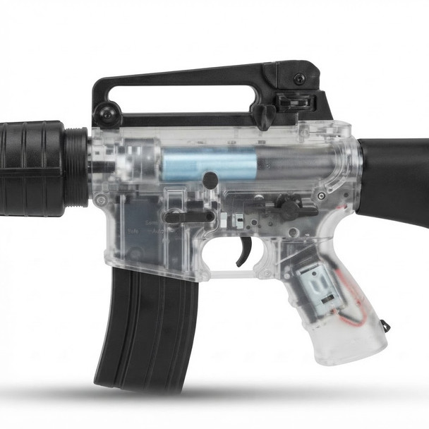 Close-up of the Blackviper B3803 M4 Fully Auto Airsoft Rifle in Clear/Black showcasing the internal mechanics.