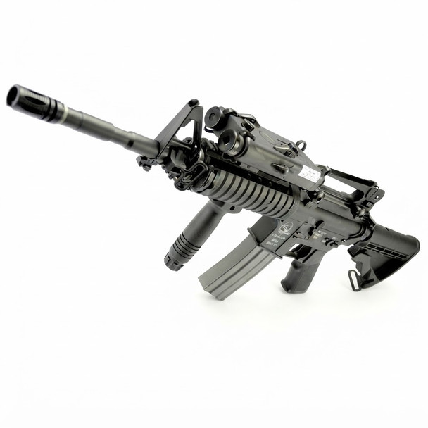 Front-facing angled view showing the barrel and rail accessories of the Classic Army Armalite M15A4 R.I.S Airsoft Rifle.
