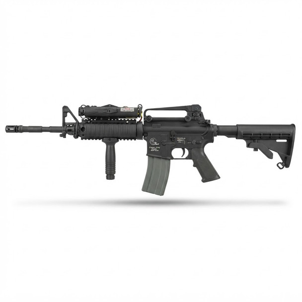 Classic Army Armalite M15A4 R.I.S Airsoft Rifle shown from the side with an attached vertical grip and rail laser.