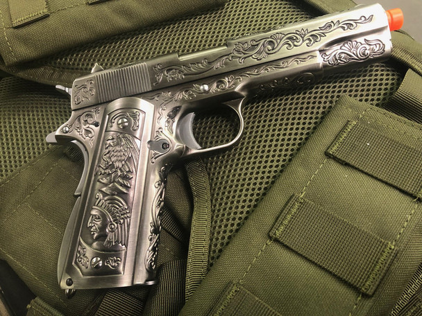 WE 1911 Floral Engraved ‘Mehico Druglord’ Gas Blowback Airsoft Pistol in Silver