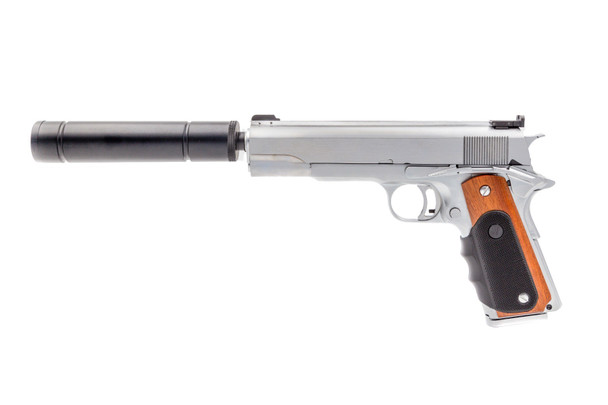 Vorsk VX-9 Agency Gas Blowback Airsoft Pistol with Silencer in Silver Vorsk VX-9 Agency Gas Blowback Airsoft Pistol with Silencer in Silver