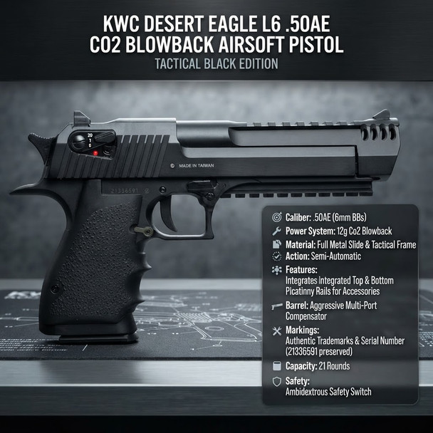 KWC Desert Eagle L6 .50AE Co2 Blowback Airsoft Pistol in Tactical Black side profile with specifications