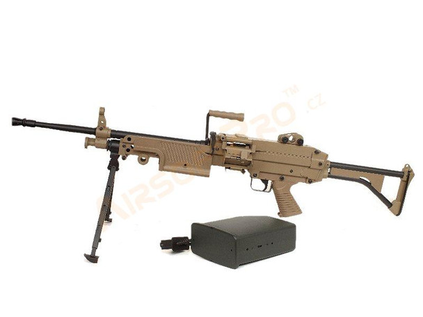 A&K M249 MKI Airsoft Gun with Skeleton Stock in Desert Tan