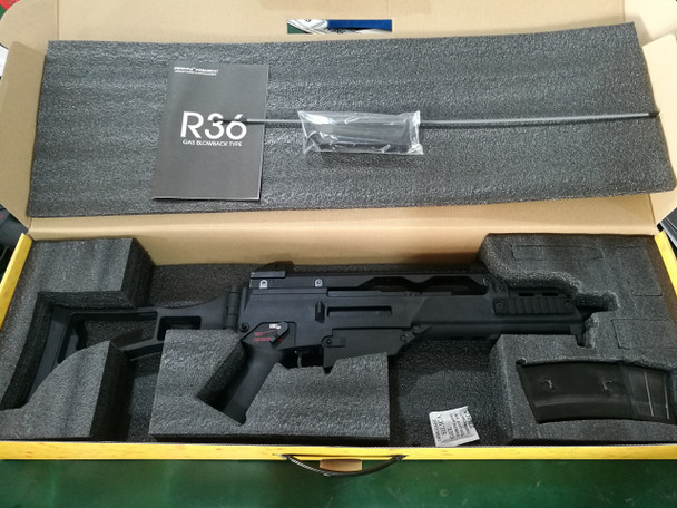 Army Armament R36 - G36 Replica Gas Blowback Airsoft Rifle with Foldable Stock. in Black
