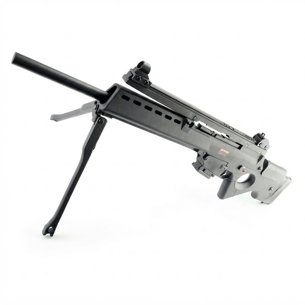JG Works G36 SL8 Airsoft Rifle with Bipod in Black, angled view with bipod legs extended
