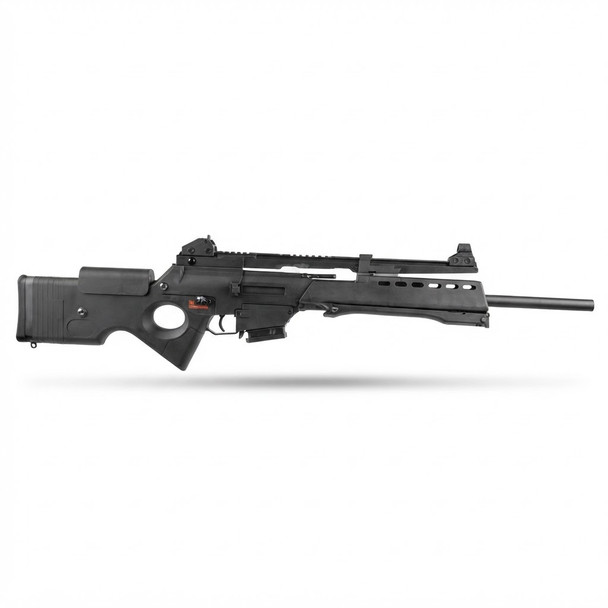 JG Works G36 SL8 Airsoft Rifle with Bipod in Black, side profile on a white background