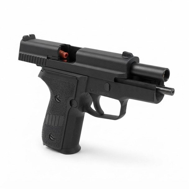 Swiss Arms Navy Compact .40 Gas Blowback Airsoft Pistol in Black featuring a slide-back action in rear-right view.