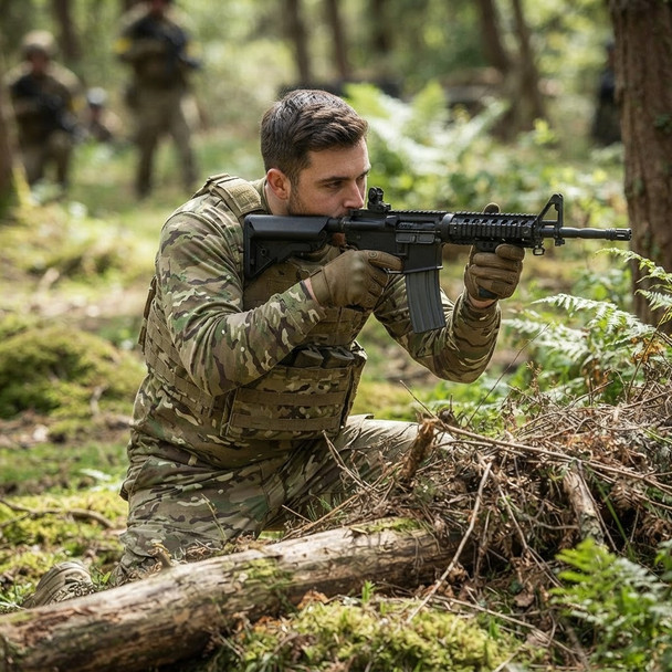 A soldier in the field wearing the Kombat UK - Long Sleeved T-Shirt in BTP (British Terrain Pattern) Camouflage.