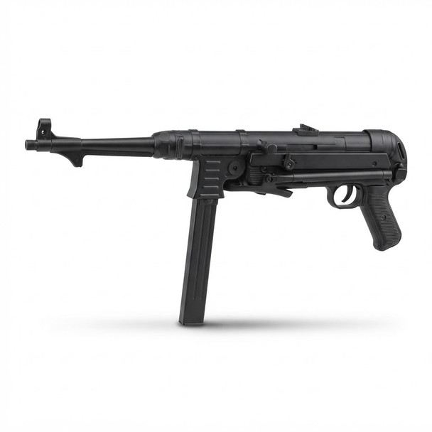 Side profile view of the AGM MP40 AEG Airsoft Rifle — Full Metal Black with stock folded against a white background.