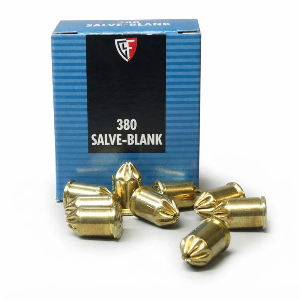 Fiocchi .380 R Blank 9mm - Revolver 50 Blanks brass cartridges arranged in front of the product box.