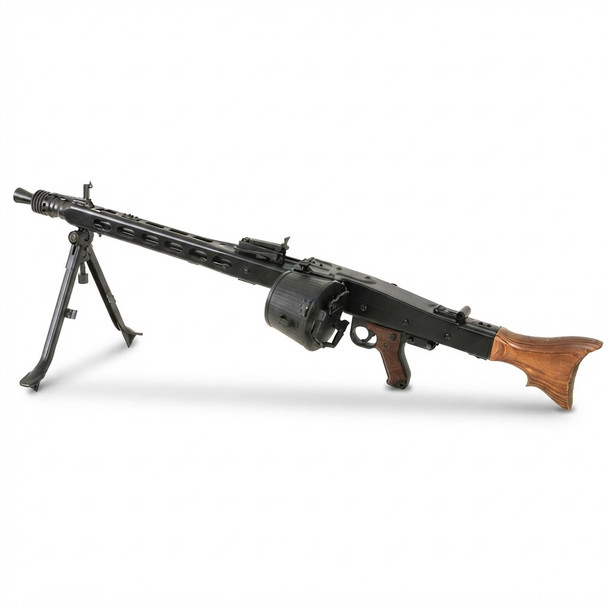 Side profile view of the AGM MG42 WW2 Support Machine Gun (Full Metal) with bipod deployed and drum magazine attached.