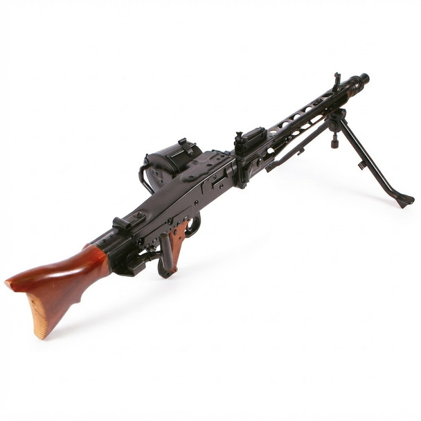 Rear-angled perspective of the AGM MG42 WW2 Support Machine Gun (Full Metal) showing the receiver and magazine detail.