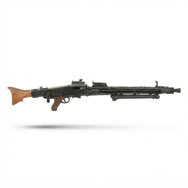 Full side view of the AGM MG42 WW2 Support Machine Gun (Full Metal) with folded bipod on white background.