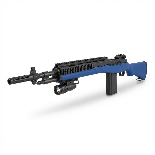 AGM A160-A2 Socom M14 Spring Sniper Rifle in Blue, front angled view with flashlight.