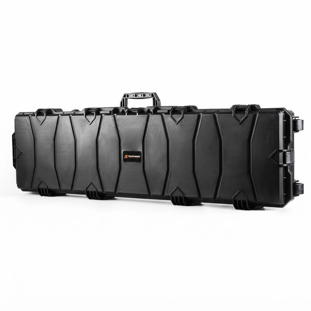 Angled side view of the Skirmish Tactical PRO Range XL Hard Rifle Case with DIY Foam in Tactical Black on white.