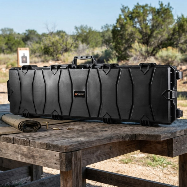 Skirmish Tactical PRO Range XL Hard Rifle Case with DIY Foam in Tactical Black on an outdoor shooting bench
