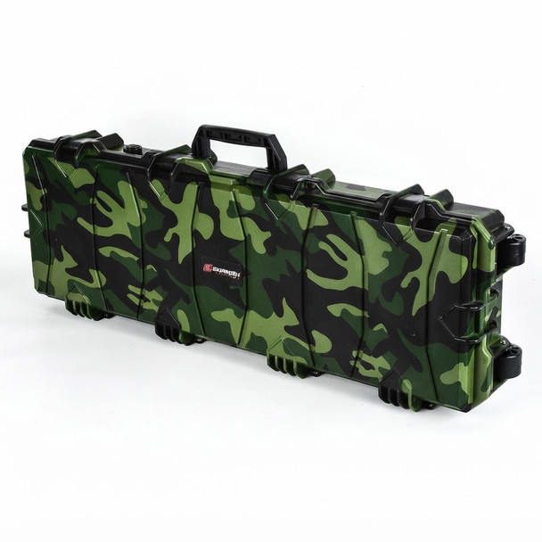 Skirmish Tactical PRO Range Large Hard Rifle Case with DIY Foam in Green Camouflage shown from a high-angle side view.