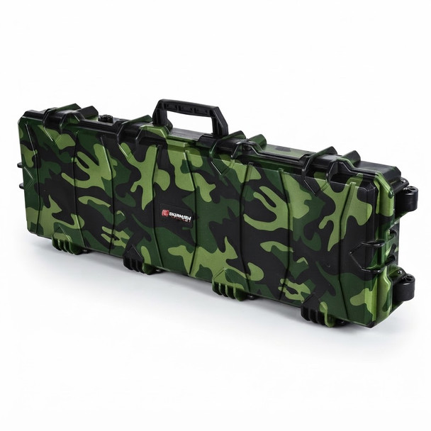 Skirmish Tactical PRO Range Large Hard Rifle Case with DIY Foam in Green Camouflage shown from an angled front view.