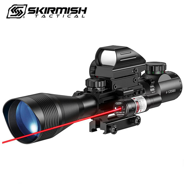 Skirmish Tactical - 4-12X50 Rifle Scope with Red Dot & Red Laser Combo Holographic Sight in Black