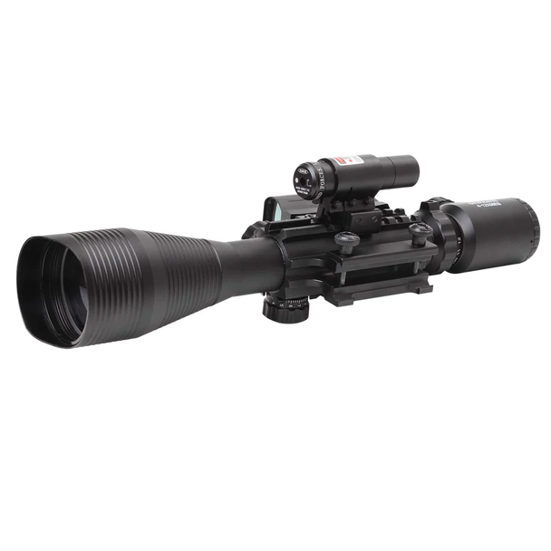 Skirmish Tactical - 4-12X50 Rifle Scope with Red Dot & Red Laser Combo Holographic Sight in Black