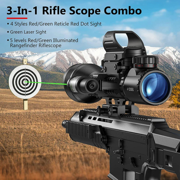 Skirmish Tactical - 4-12X50 Airsoft Rifle Scope with Red Dot and Green Laser Combo Holographic Sight in Black