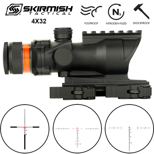 Skirmish Tactical - 4X32 Prism Airsoft Rifle Scope Red Fibre Optic Illuminated Reticle in Black