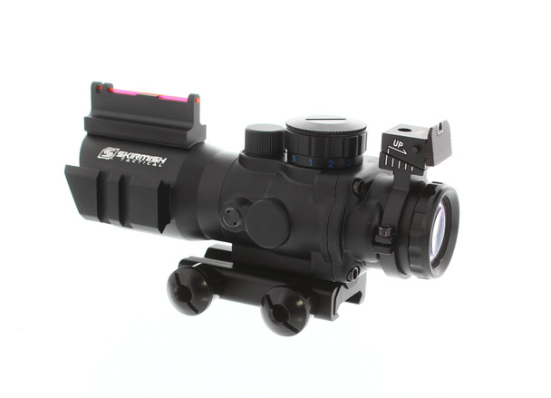 Skirmish Tactical - 4X32mm Airsoft Rifle Scope with Rails - Illuminated Reticle Fiber Optic Sight in Black