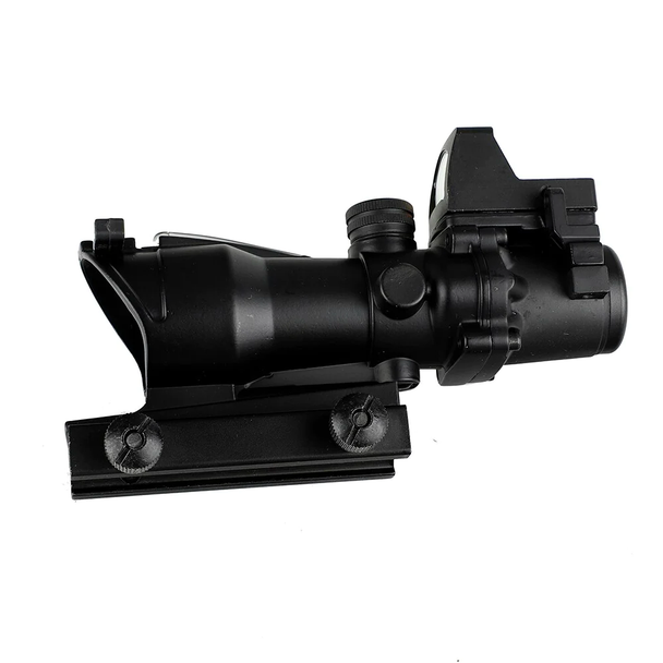 Skirmish Tactical Adjustable 4x32 Prism Rifle Scope Fibre Optic Illuminated with Red Dot in Black