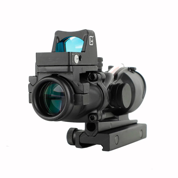 Skirmish Tactical Adjustable 4x32 Prism Rifle Scope Fibre Optic Illuminated with Red Dot in Black
