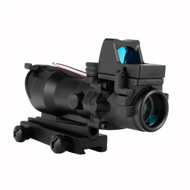 Skirmish Tactical Adjustable 4x32 Prism Rifle Scope Fibre Optic Illuminated with Red Dot in Black