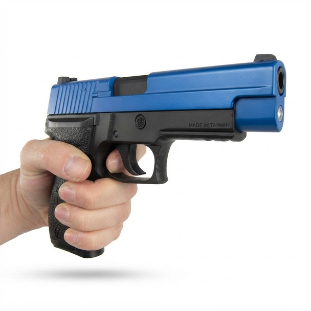 HFC HG175 Sig Sauer P226 Metal Gas Blowback Airsoft Pistol in Dual Tone Blue held in hand, front angle