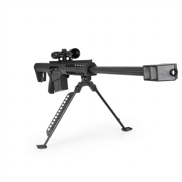 Low angle view of the Galaxy G31 M82A1 Bolt Action Airsoft Sniper Rifle in Tactical Black on an adjustable bipod.