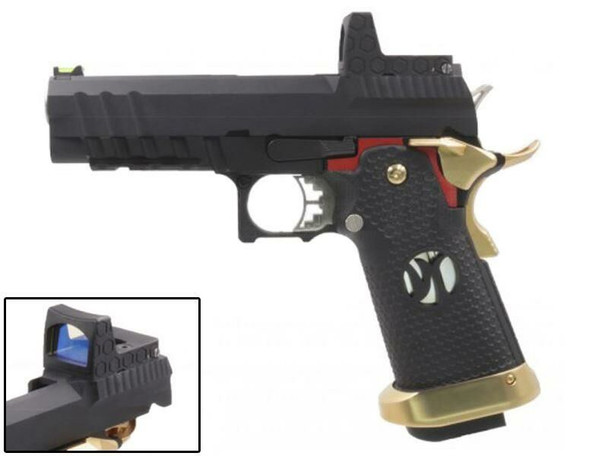 Armorer Works Hi-Capa Gas Blowback Airsoft Pistol RMR Plate in Black Slide & Gold Barrel - (AW-HX2601)