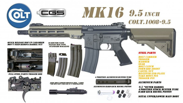 CYMA/EMG COLT.1008 MK16 9.5 Gas Blowback Airsoft Rifle with Adjustable Crane Stock in Black & Tan