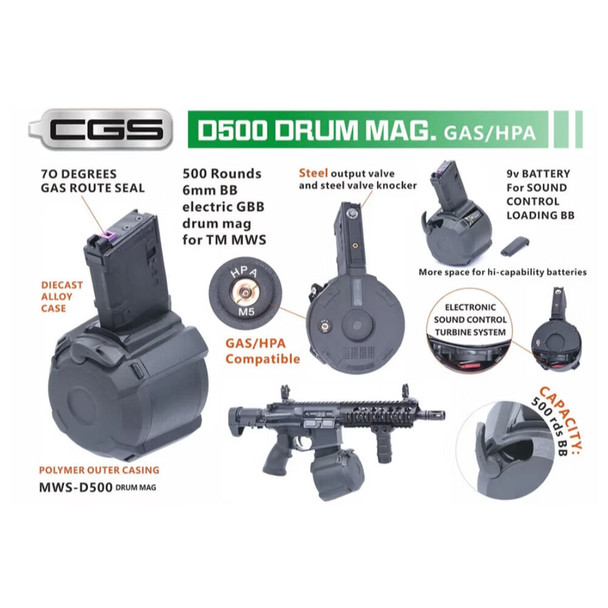 Cyma MWS Drum Magazine 500 Rounds for M4 MWS System Airsoft Rifles D500 Gas/HPA in Black