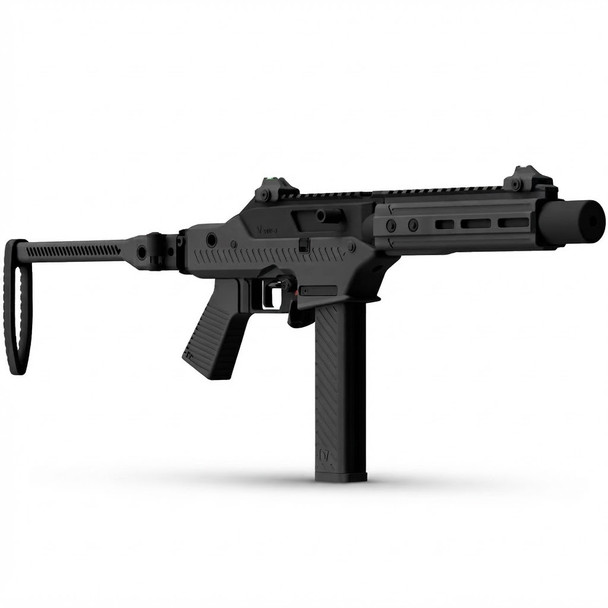 Angled shot showing the receiver and folding stock of the Vorsk VMP-2SD Gas Blowback Submachine Gun in Black.