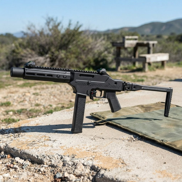 Vorsk VMP-2SD Gas Blowback Submachine Gun with Folding Stock in Black (Semi Auto 330 FPS), side view outdoors