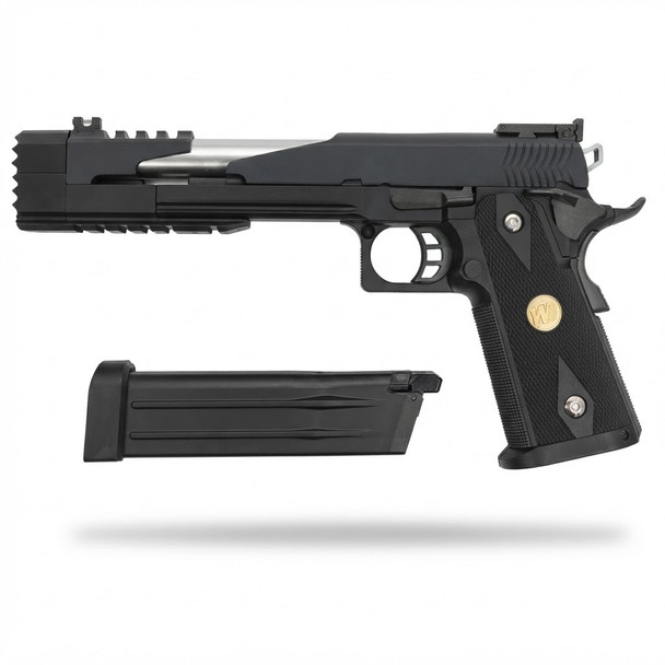 WE Tech Dragon 7.0 Type-B Government model Gas Blowback Airsoft Pistol in Black with magazine removed