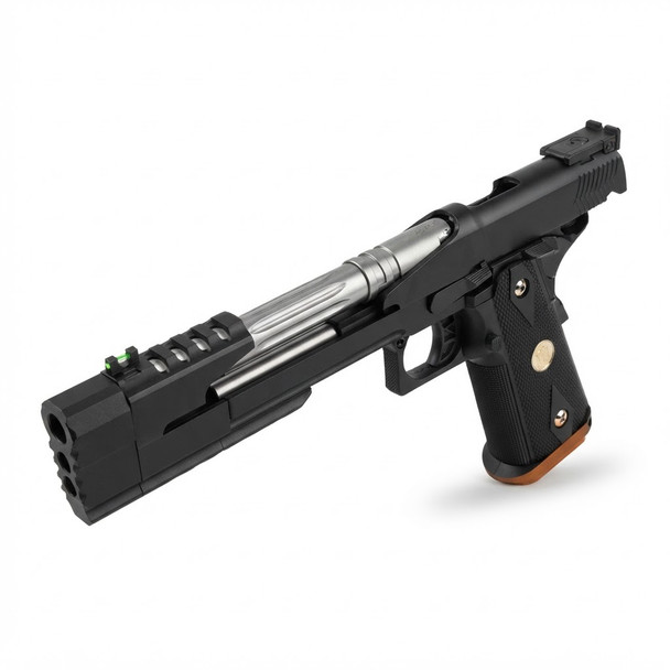 WE Tech Dragon 7.0 Type-B Government model Gas Blowback Airsoft Pistol in Black, angled front view