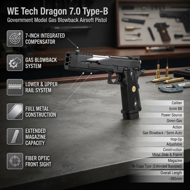 WE Tech Dragon 7.0 Type-B Government model Gas Blowback Airsoft Pistol in Black on a workbench with feature labels