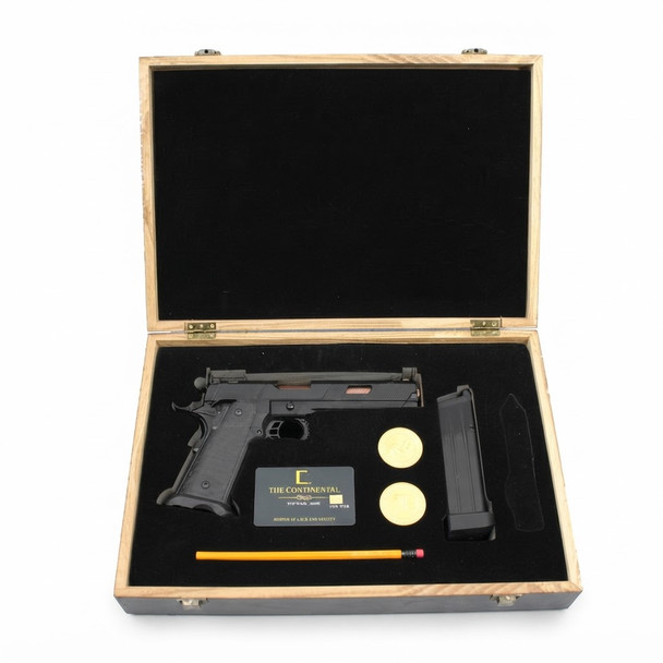 Double Bell JW3 Baba Yaga Gas Blowback Airsoft Pistol with Deluxe Collector Box in Black (789+) displayed inside case.