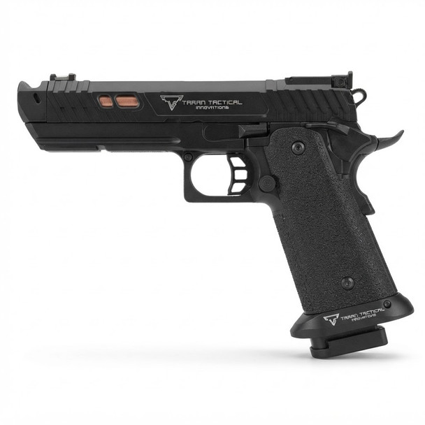 Double Bell 303+ John Wick 4 Series Gas Blowback Airsoft Pistol with Wooden Case in Back, left-side view on white