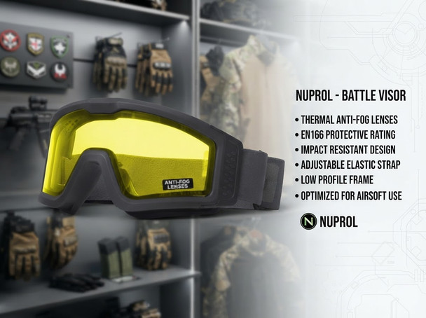 Nuprol - Battle Visor THERMAL Anti-Scratch EN166 Protective Airsoft Goggles in Black/Yellow, angled front view