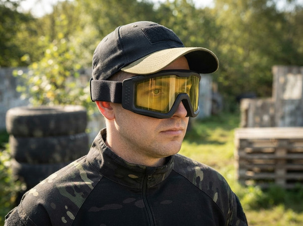 Nuprol - Battle Visor THERMAL Anti-Scratch EN166 Protective Airsoft Goggles in Black/Yellow worn outdoors